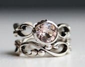 Pink morganite engagement ring set - bezel solitaire - recycled sterling silver - filigree wedding band- Wrought ring