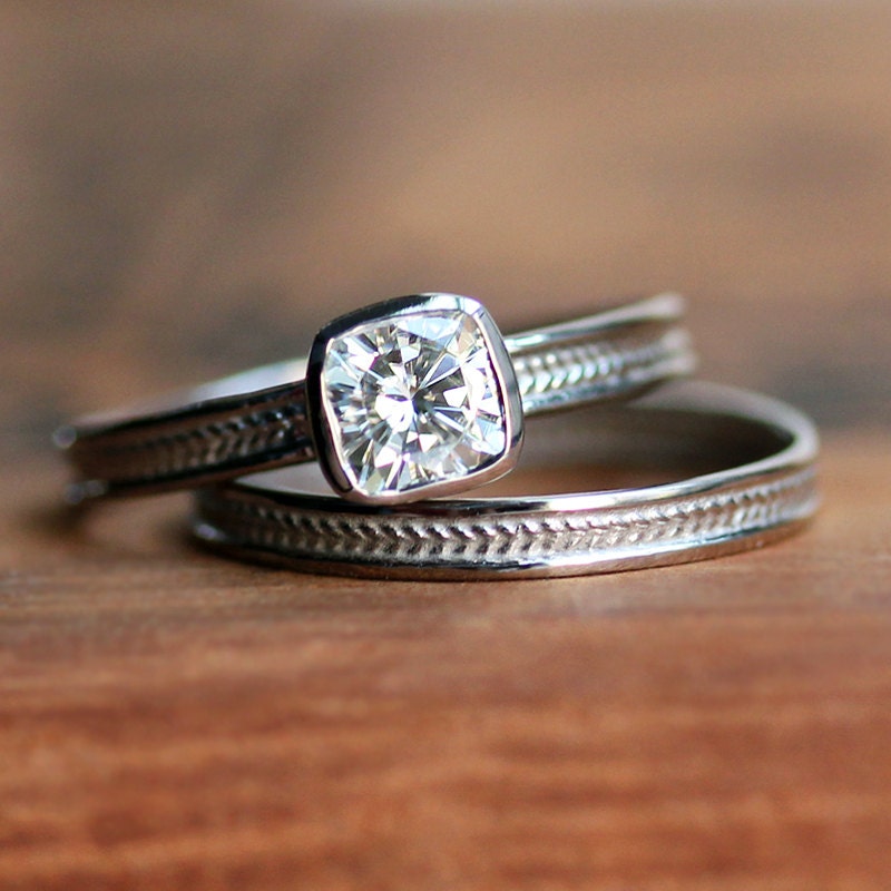 Engagement ring set - moissanite - recycled 14k palladium white gold - cushion solitaire - wheat braid - made to order