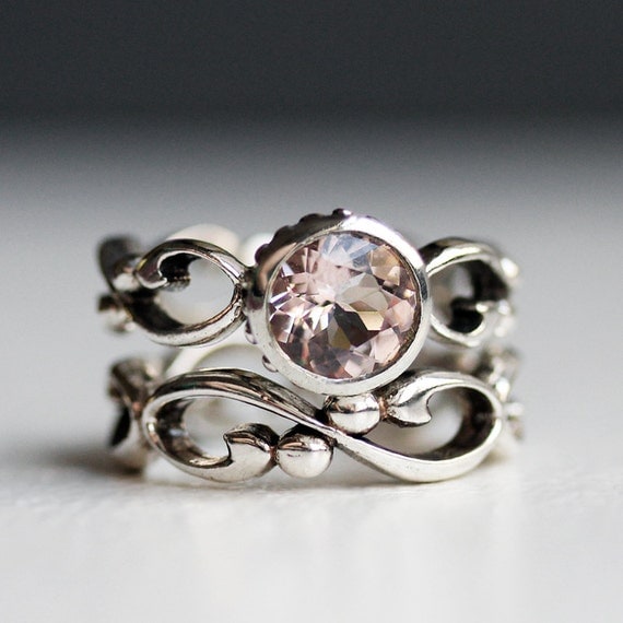 Pink morganite engagement ring set - bezel solitaire - recycled sterling silver - filigree wedding band- Wrought ring