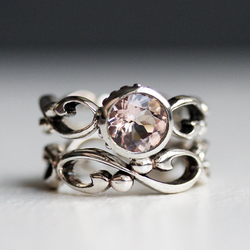 Pink morganite engagement ring set - bezel solitaire - recycled sterling silver - filigree wedding band- Wrought ring