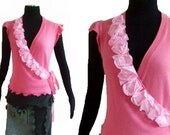 Floral Wrap Cardigan Sweater S/M Ruffled Recycled Cashmere Silk Pink Charcoal Gray Womens Clothing Small Medium