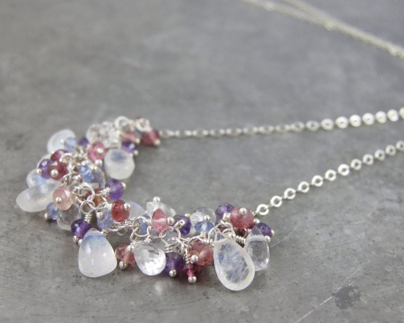 SALE - Tanzanite, Moonstone, Tourmaline and Amethyst gemstone cluster Necklace - Jacqueline
