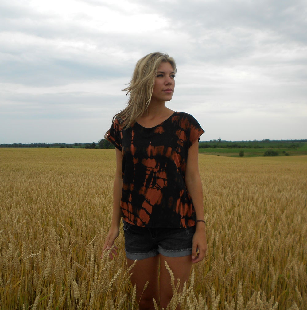 Slouch t-shirt, Box tee - Black modal bleached out, hand dyed