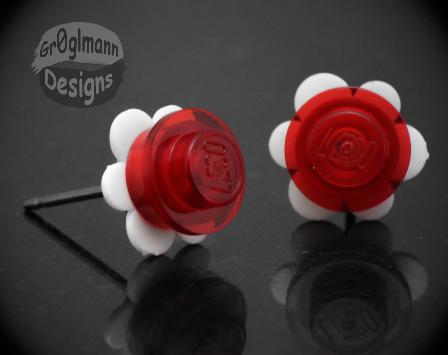 Translucent Red & White Flower Stud Earrings :) made with LEGO bricks