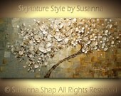 ORIGINAL Large Abstract Contemporary White Tree Cherry Blossom Oil Painting Palette Knife Thick Texture by Susanna Ready to Hang 48x24