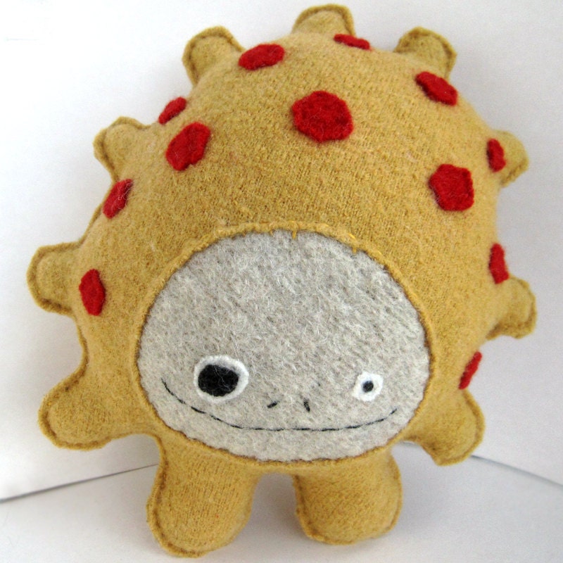 Mustard Yellow and Red Strange Foo - Recycled Wool Plush Toy