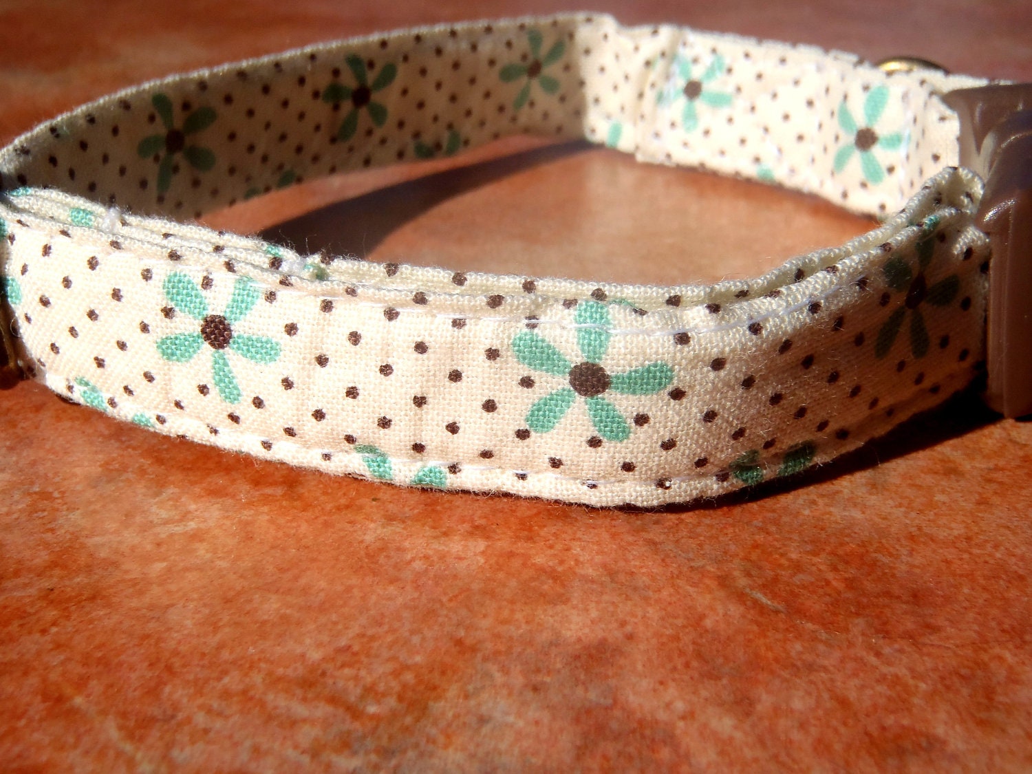 The Dahlia - Retro Organic Cotton CAT Collar Breakaway Safety Brown White Teal Floral Polka Dot - All Antique Brass Hardware