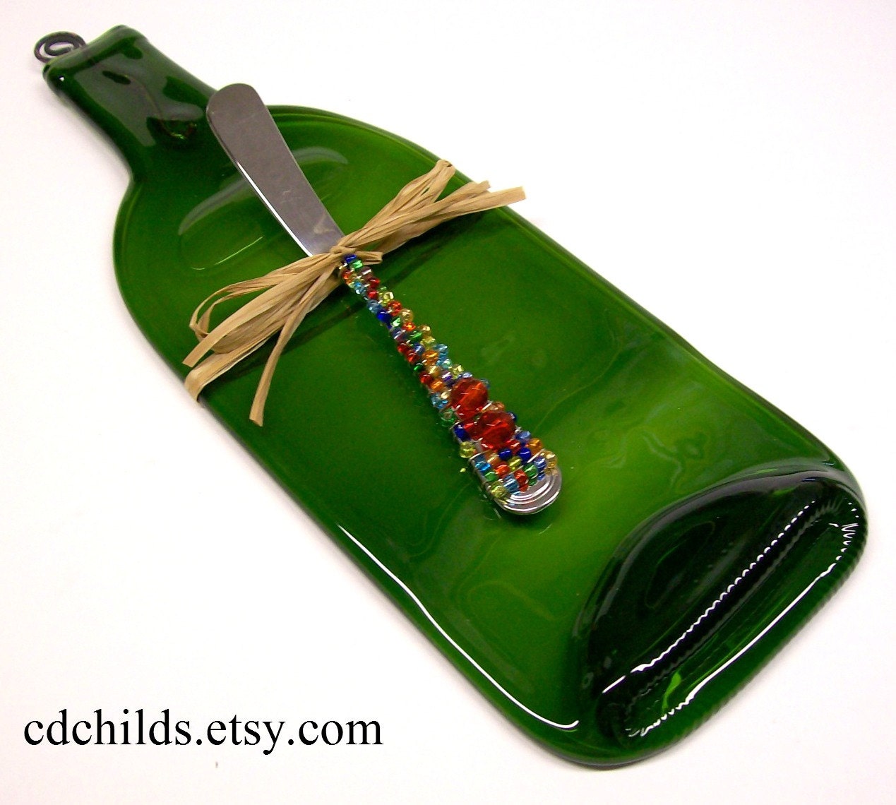 Eco Friendly Green Wine  Bottle Cheese Board With Beaded Cheese Spreader (recycled)