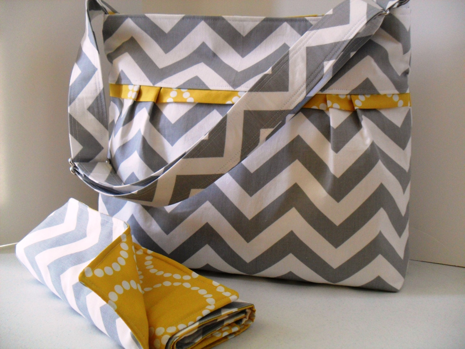 Large Diaper Bag Set Made of Chevron and Yellow - Adjustable Strap