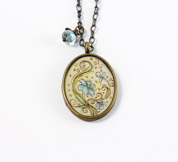 Swirling Forget-me-not Flower Hand Painted Necklace