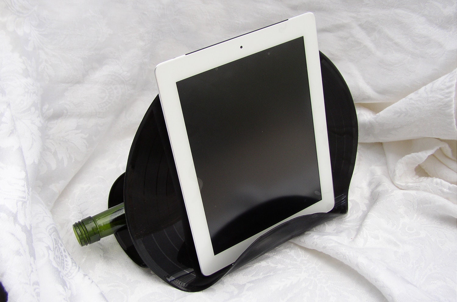 Tablet or Book Stand/Holder with storage caddy, Recycled Record Album
