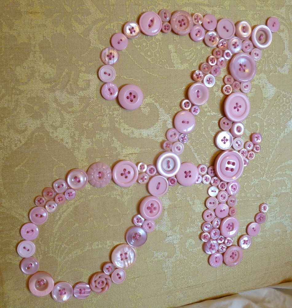 Personalized Baby Girl Vintage Style Nursery Button Letter Art on 12"x12" Canvas -- Pink Buttons on Gold Silk