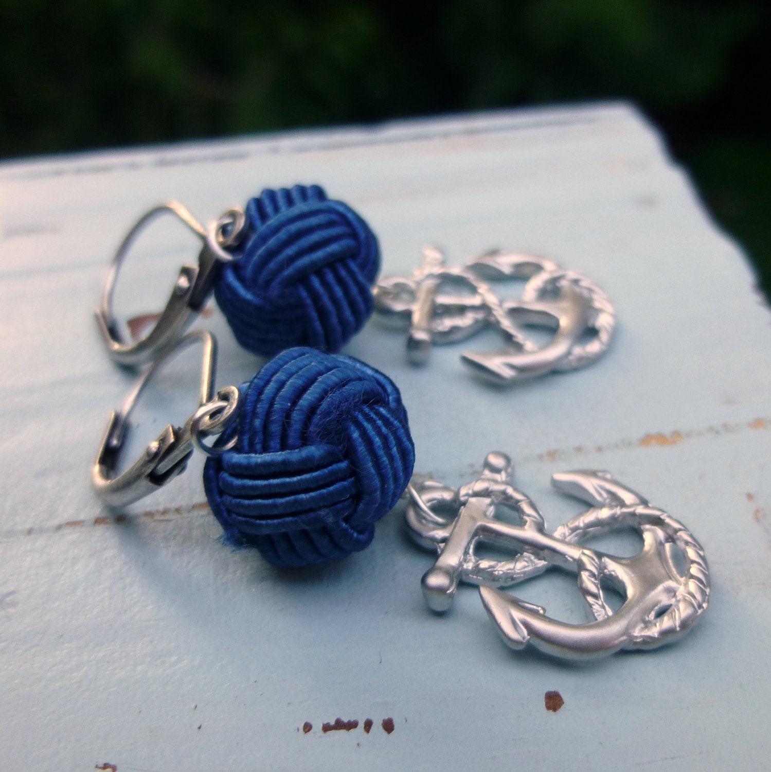 Nautical Earrings Navy Blue Knot Silver Anchors