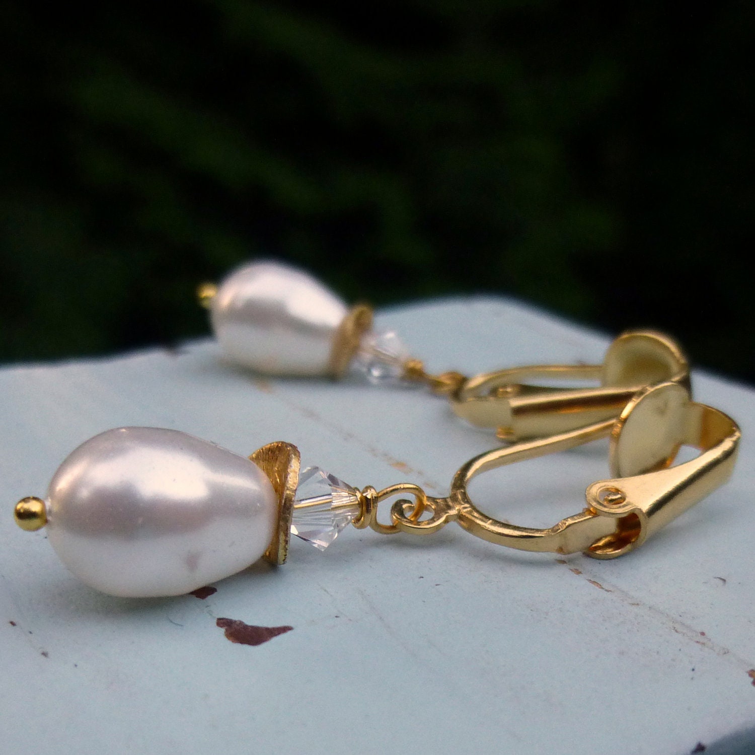 Pearl Clip On Earrings Swarovski Crystals Gold Bridal Earrings