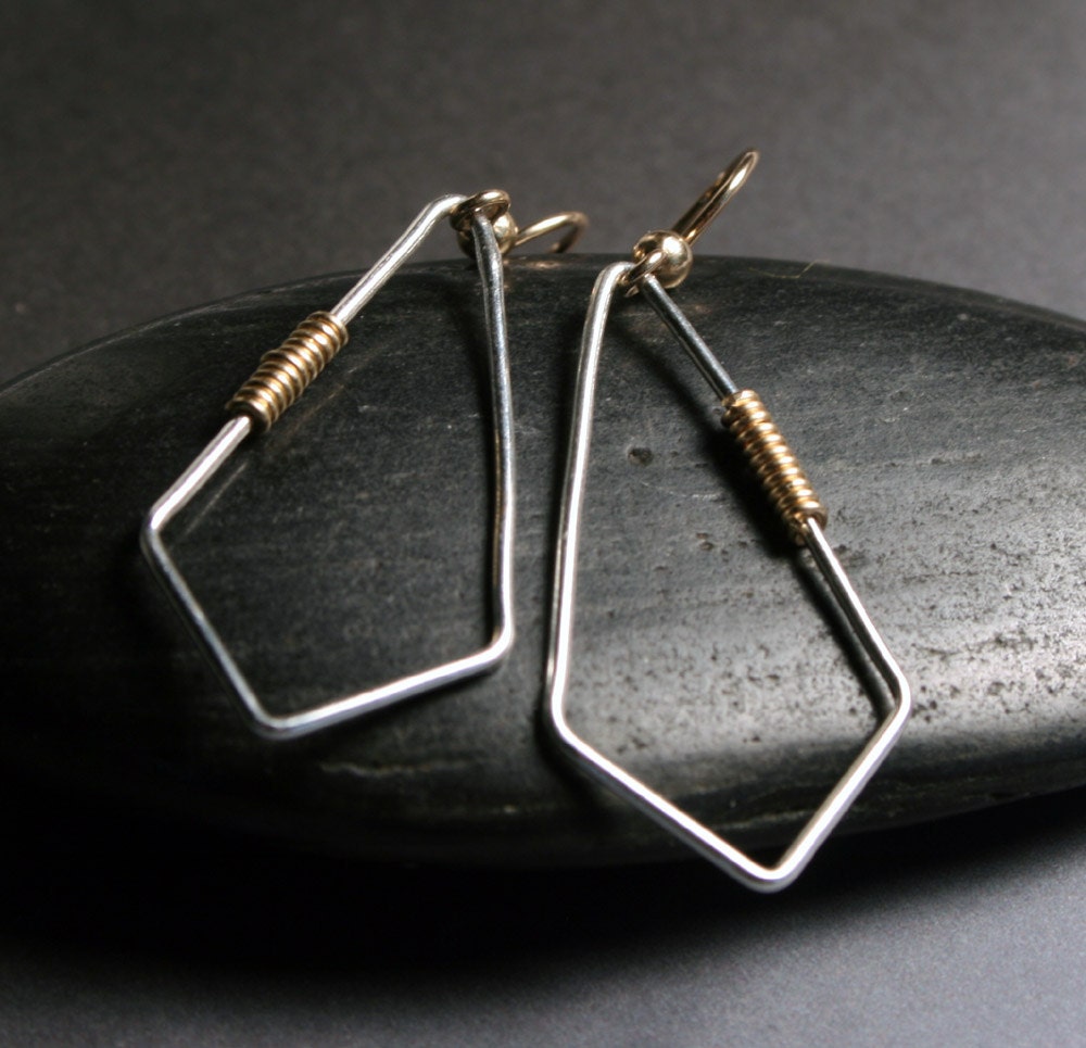 Kite Earrings - Mixed Metal Wire Wrap - Dangle / Chandelier Earrings