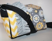 MESSENGER BAG Laptop Bag Diaper Bag Book  Purse    Yellow Chevron Stripe Print Grey Ruffle XcessRize Designs