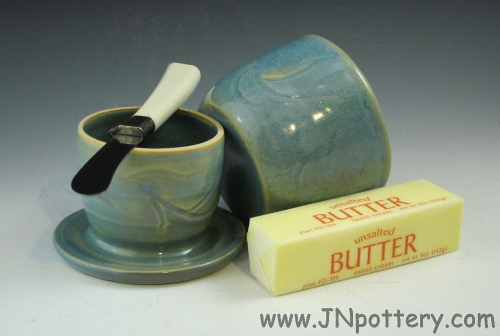 Stoneware / Ceramic Butter Crock / French Style Butter Keeper, Opal Blue s189
