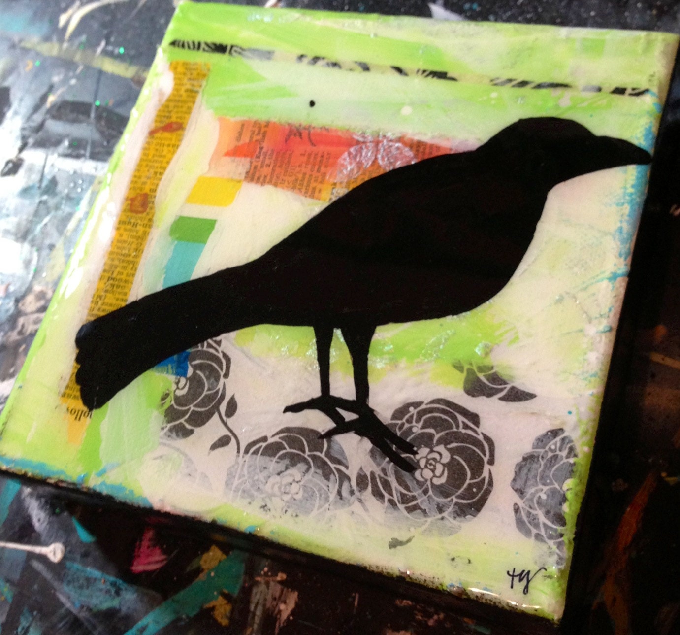 Blackbird crow on green background painting on canvas