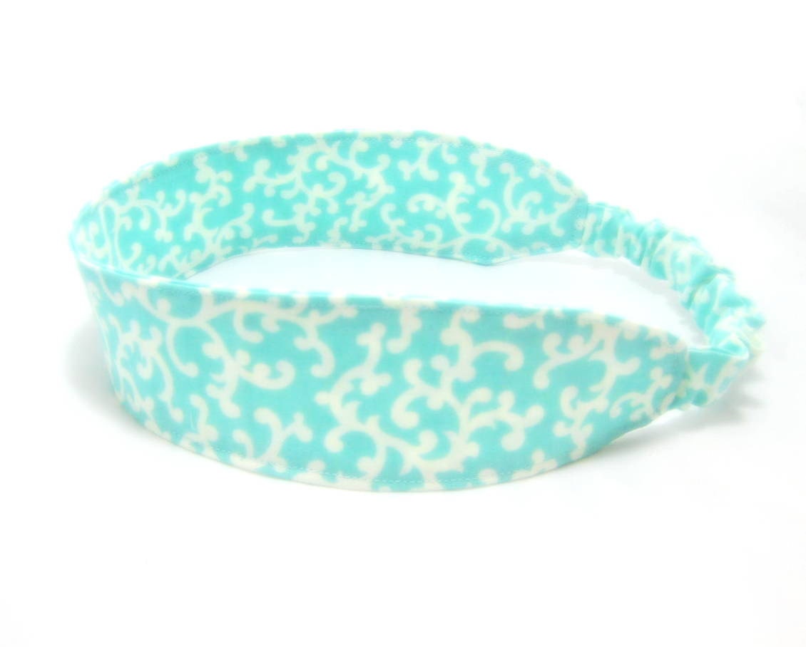 Summer Breeze Aqua Fabric Headband - Adjustable Elastic - White Turquoise Aqua