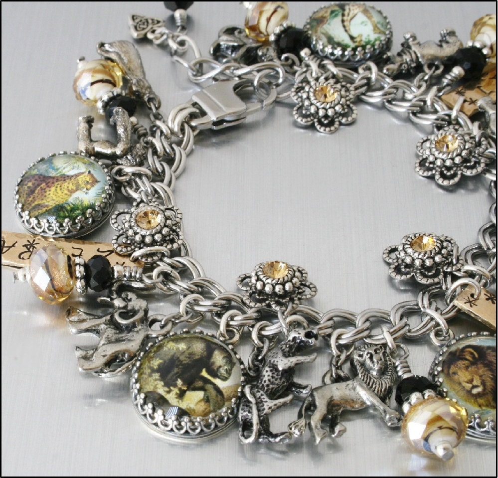 Animals Silver Charm Bracelet, Lion Jewelry, Animals Handcrafted Jewelry, Walk on the Wild Side, Charm Bracelet