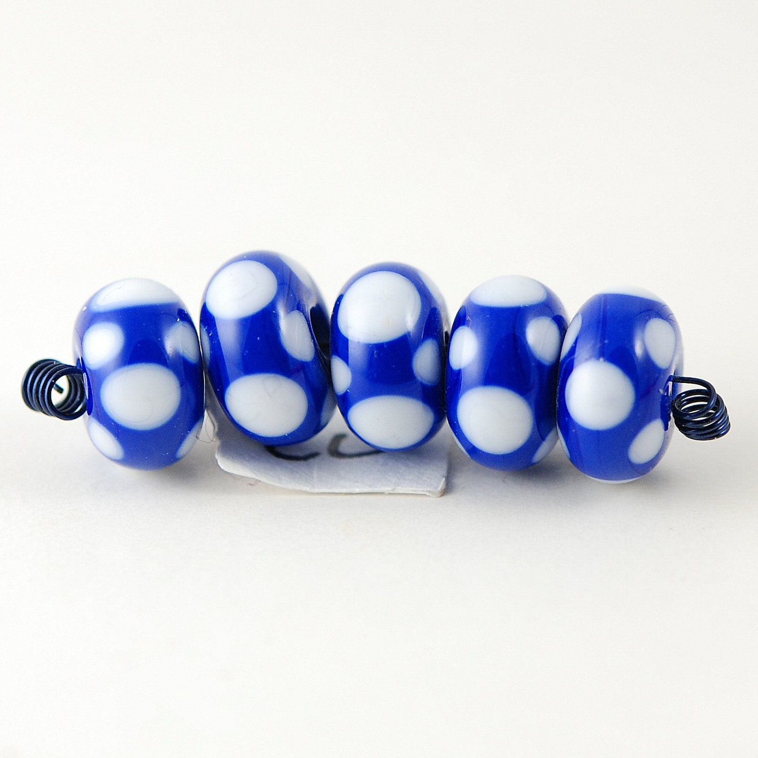 Blue and White Polka Dot Handmade Lampwork Glass Bead Set