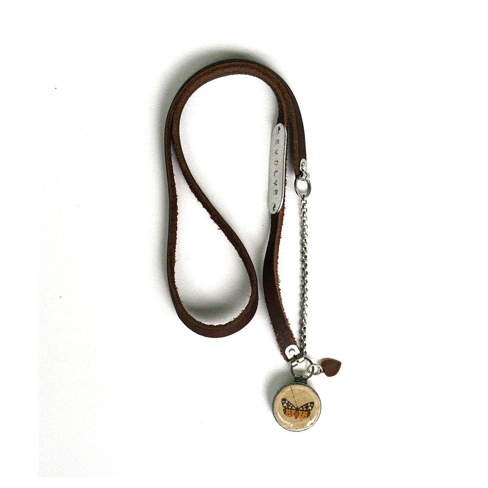 EVOLVE Butterfly Necklace, Brown Leather, Bib Style, Inspiration Necklace, Cork Jewelry, Stamped Metal, Eco Friendly by Uncorked