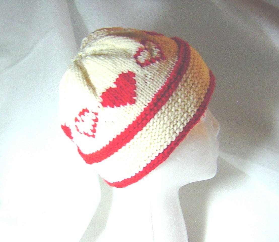 Valentine hearts hand knit hat ski cap red and white hearts skullcap beanie watch hat toque