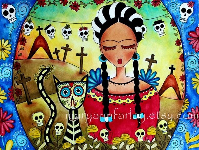 Frida Kahlo Girl Art Print, Mexican Day of the Dead Cat Art, Watercolor Mixed Media, Religious Sympathy, Mourning, 7.5 x 10, Red Blue