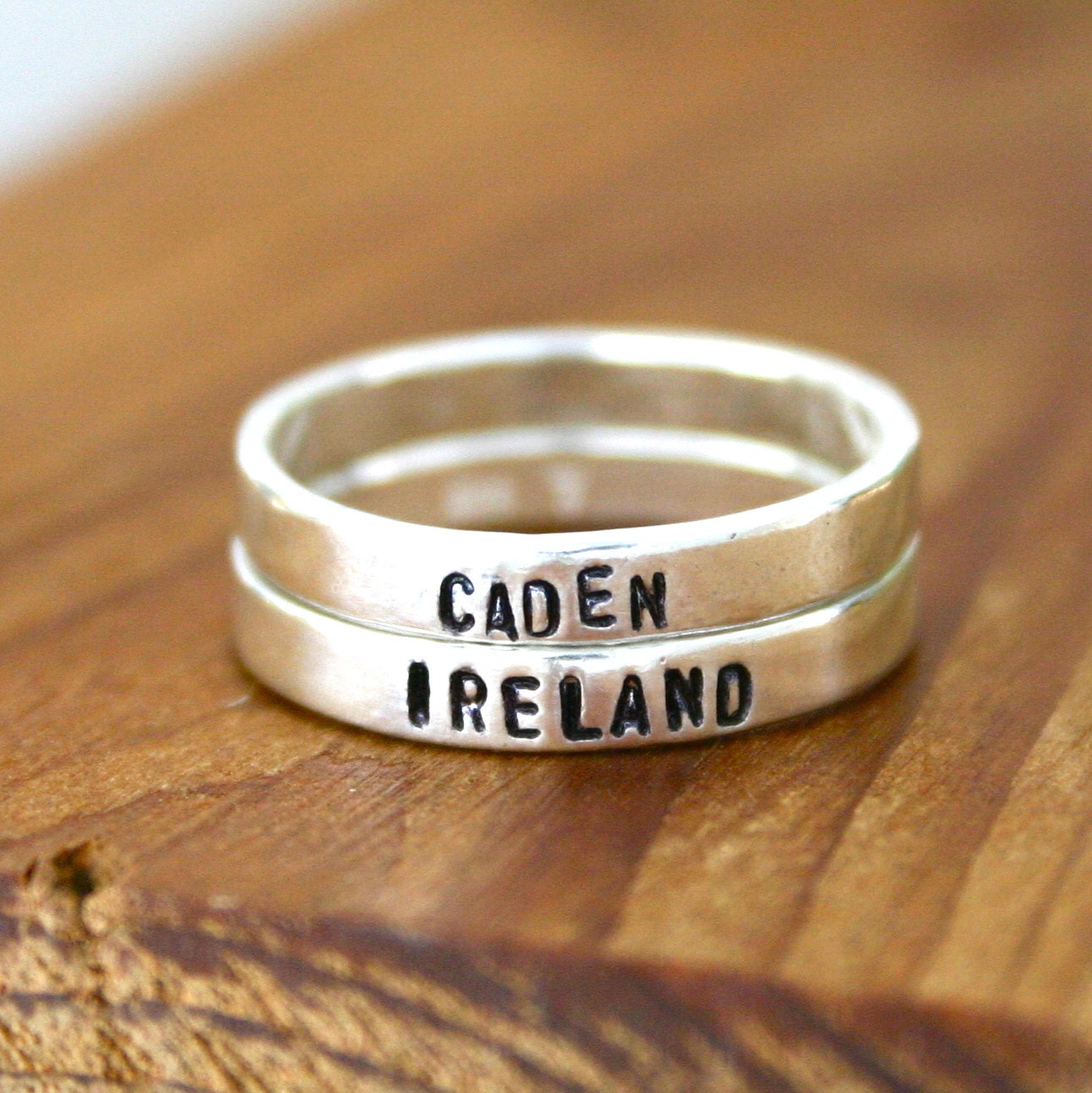 Two customized Sterling silver hand stamped personalized name rings - personalized stacking rings