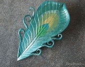 Leather Feather Barrette - Peacock in Teal with  Shimmering Blue and Green Accents