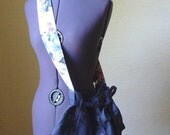 Upcycled Handmade Skirt Purse Shoulder Bag Upcycled Skirt Unique Bag Accessories Dark Blue Wide Flower Strap Pockets Pleated