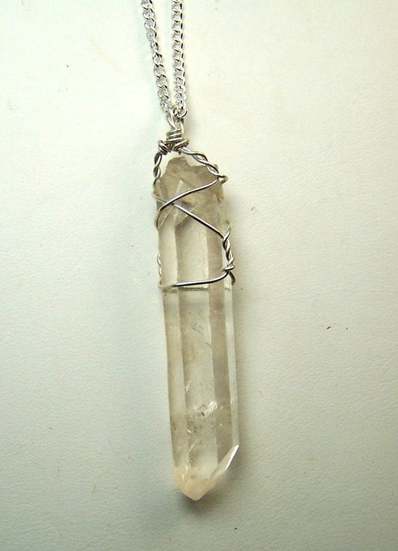 Lemurian Crystal wire wrap necklace pendant, Sterling Silver, on chain - naturally formed Quartz crystal from Diamantina mine in Brazil