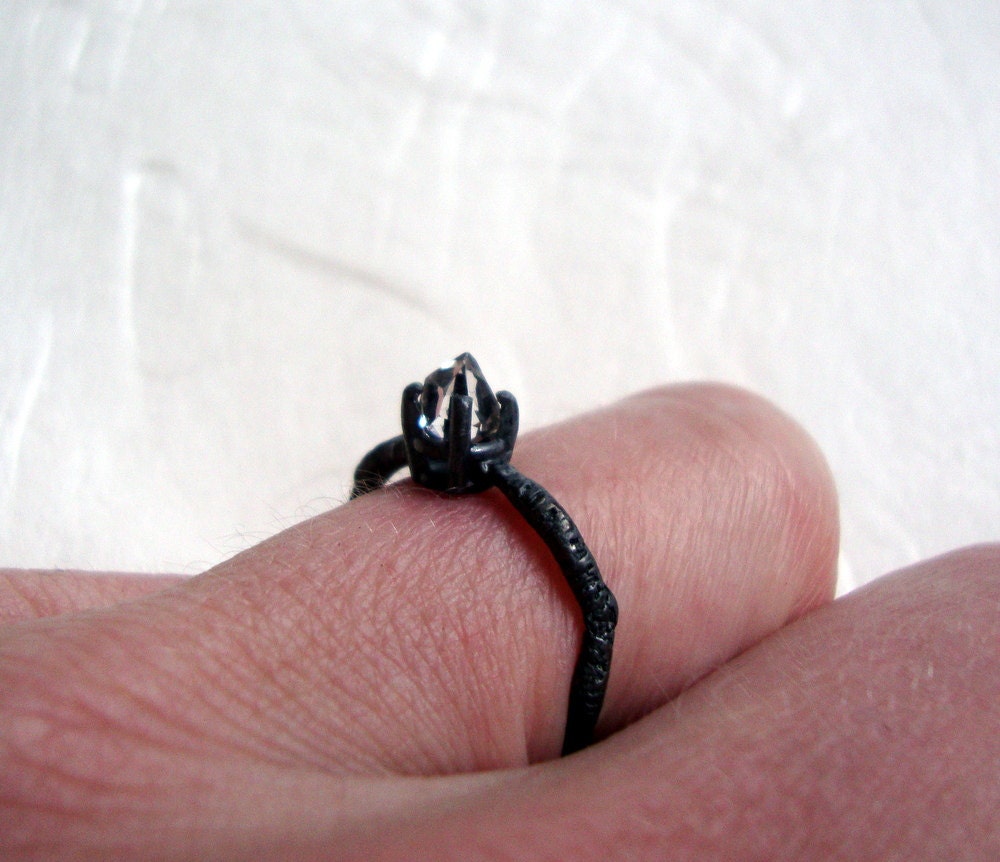 tiny herkimer diamond in blackened silver lace ring