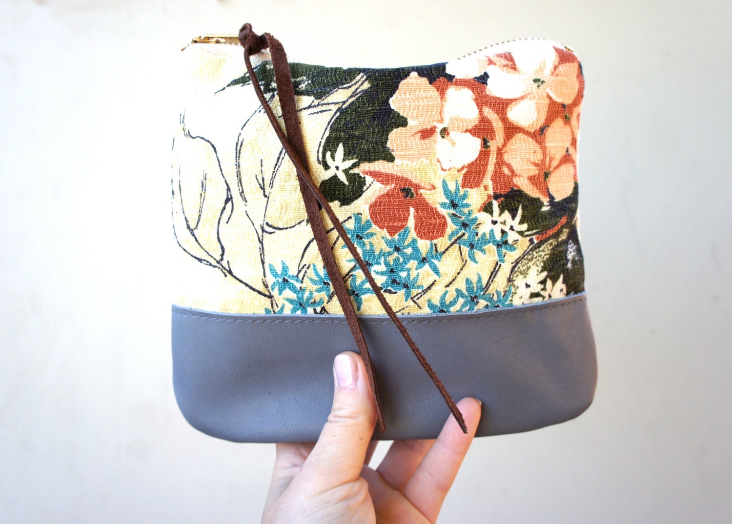 Vintage Barkcloth Fabric and Leather Pouch