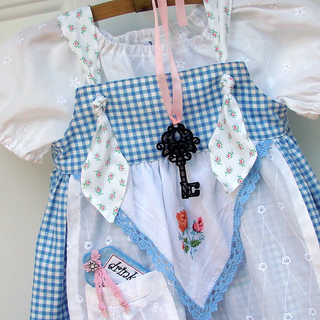 Alice Tea Party Apron Knot Dress with Lace Key & Drink Me Bottle  CHOOSE 6M - 6 years