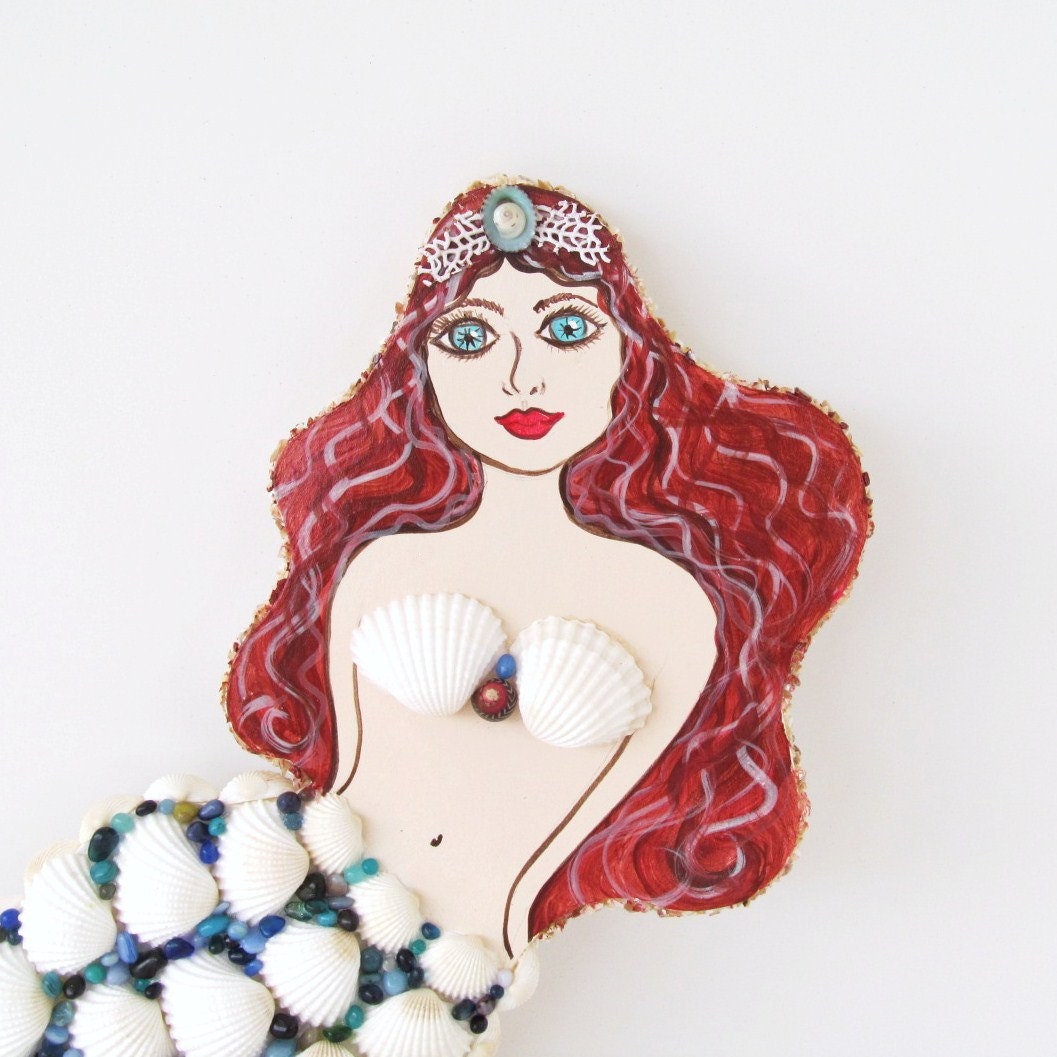 Mermaid Wall Art Hanging Red Head Coastal Decor Shells