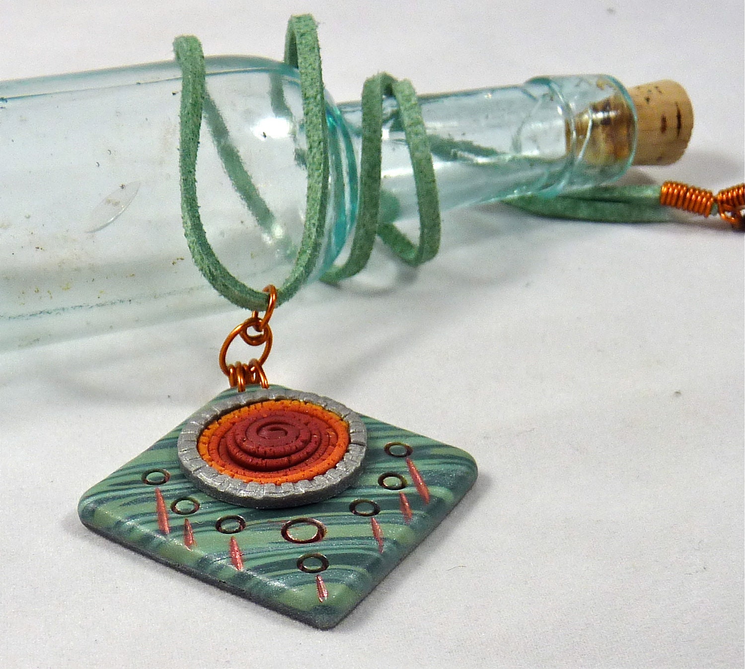 Polymer Clay Square Pendant in Teal with Textured Amber Circle