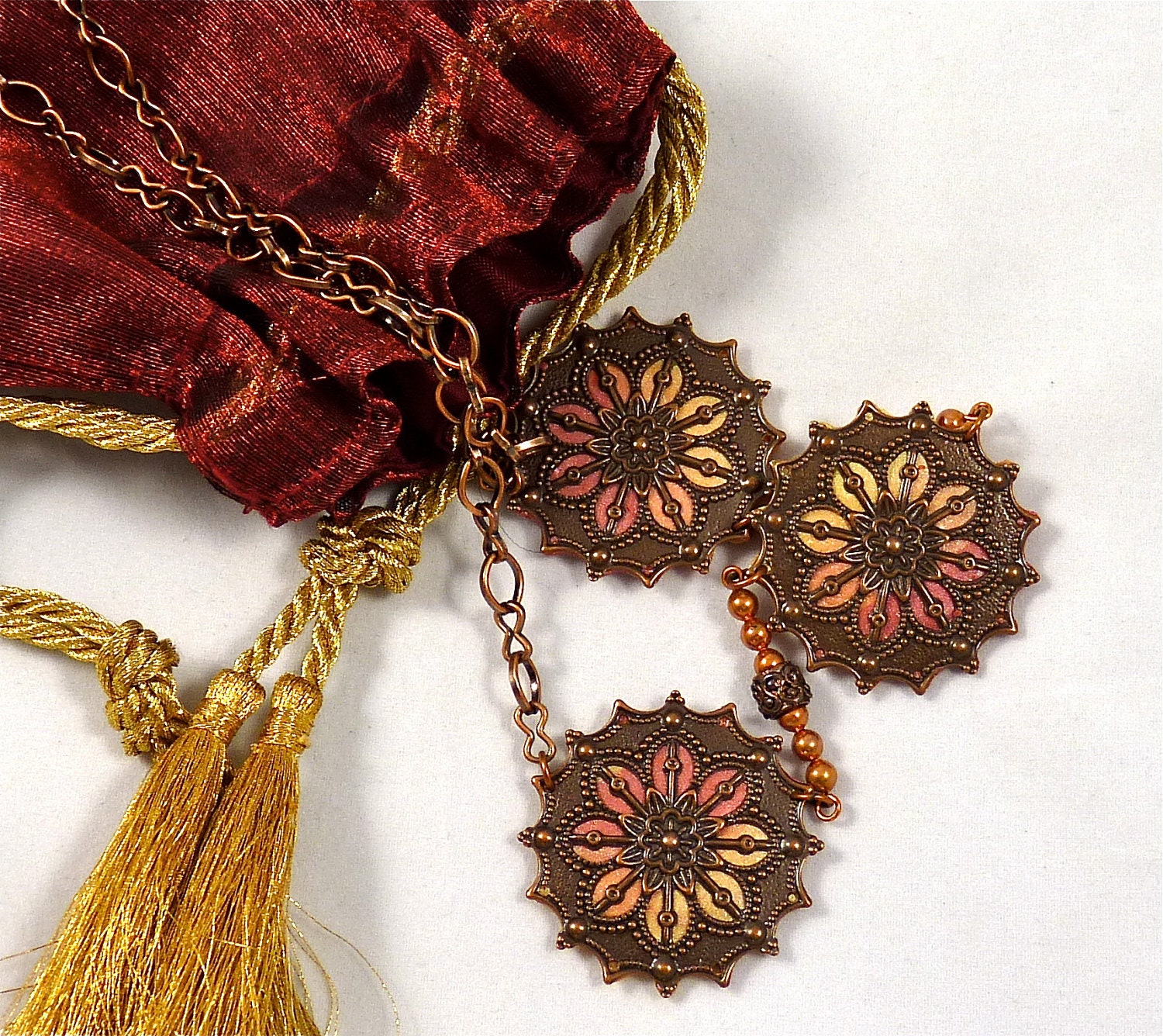 Reversible Polymer Clay Necklace with Medallions and Flowers in Copper and Shades of Sunset