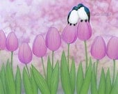 embrace the day - signed digital illustration art print 8X10 inches - tree swallows birds couple tulips mauve petals bokeh green love