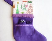 Felt Holiday Stocking - Pocket Peeper Raccoon - Crazy Christmas - Purple