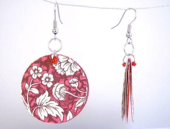 Red Paper Florentine Earrings, Paper Book Dangle Earrings in Red Florentine