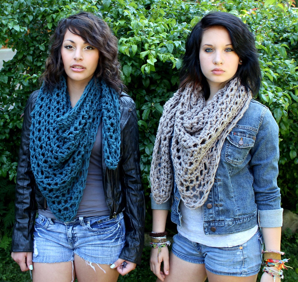My Love chunky lace cowl scarf open end Boho Vegan teal blue