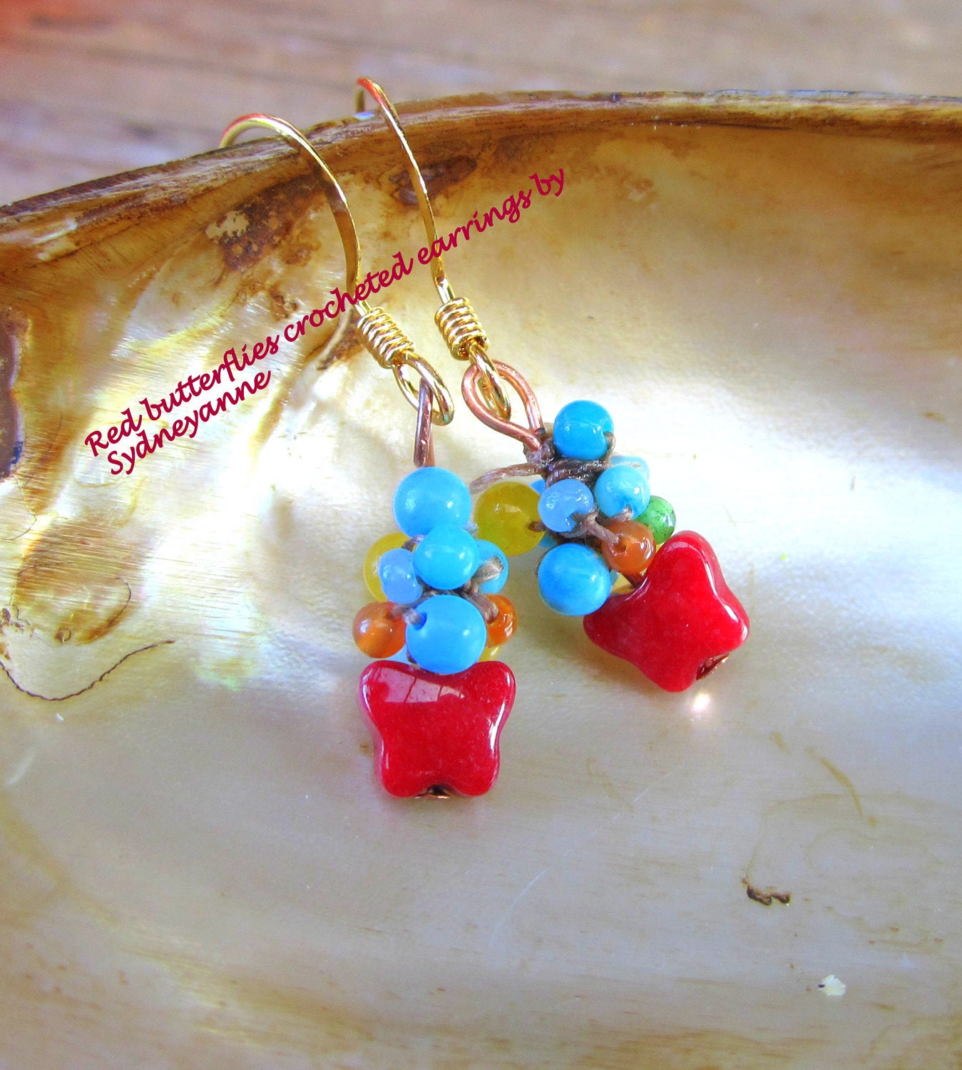 Tiny jade butterfly earrings with crocheted toppers made of gemstones
