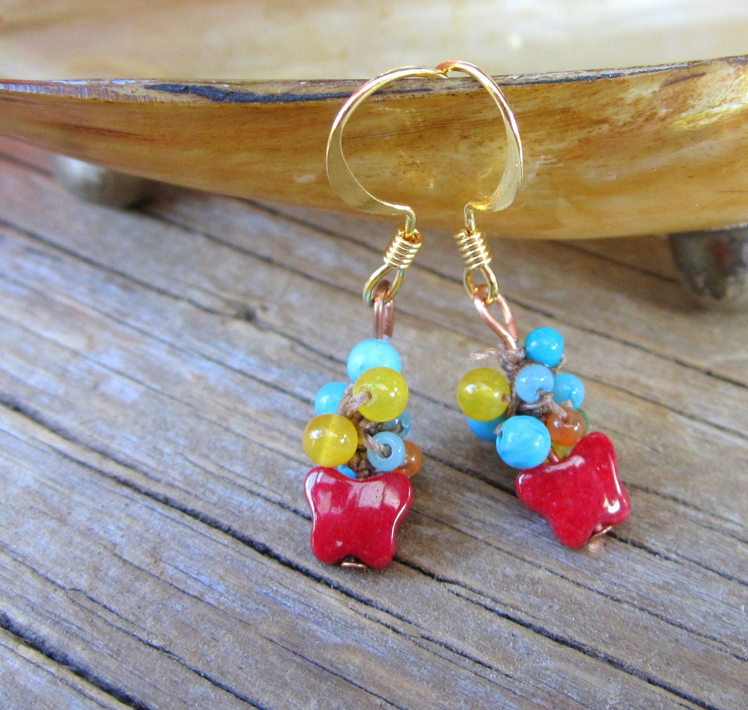 Tiny jade butterfly earrings with crocheted toppers made of gemstones