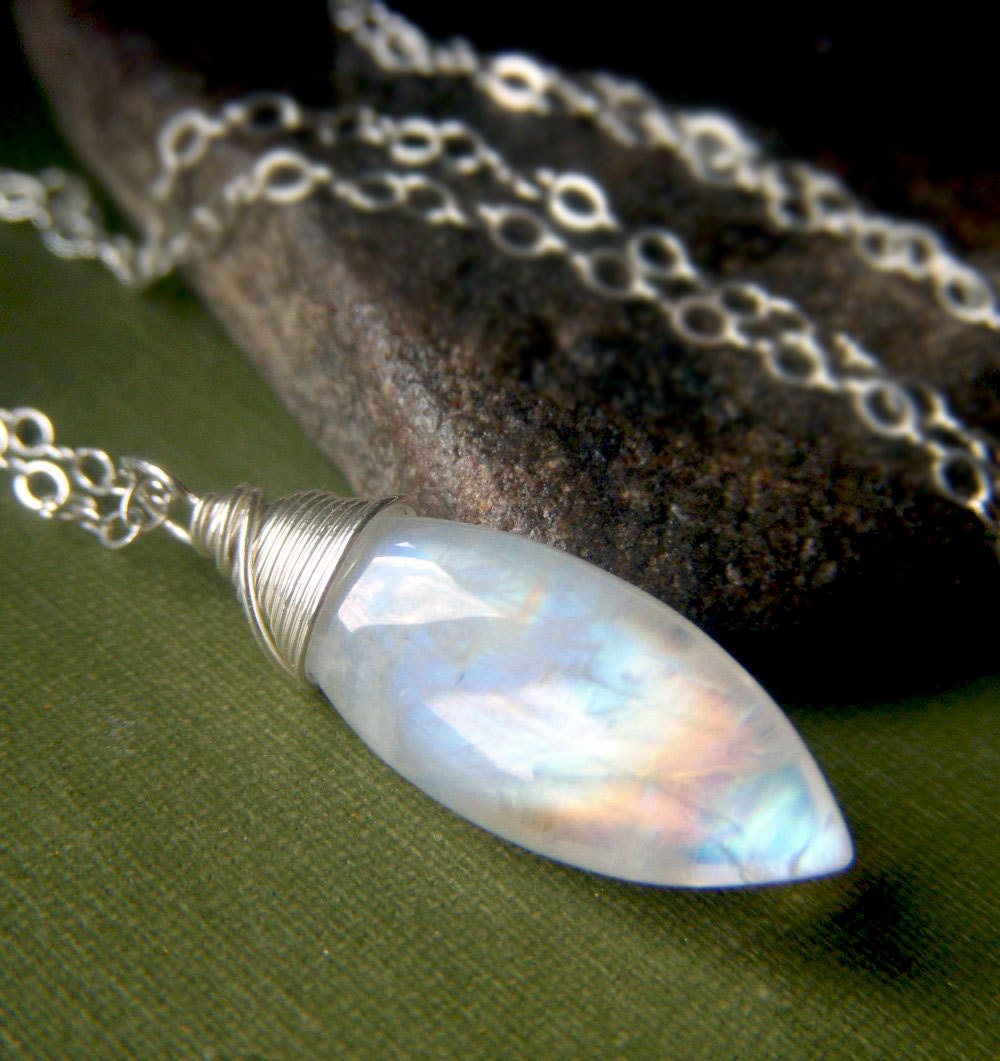 Rainbow Moonstone Necklace on Sterling Silver . Marquis AAA Minimalist Pendant Gemstone Briolette  . Celestial