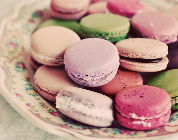 Food Photography, Macaron Platter, 5x7 Print, Shabby Chic, Kitchen Decor, French Cookies, Pastel Pink Green Purple