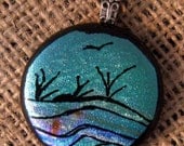Dichroic Beach Pendant, Fused Glass Jewelry, Hand Etched Pendant, Solitude