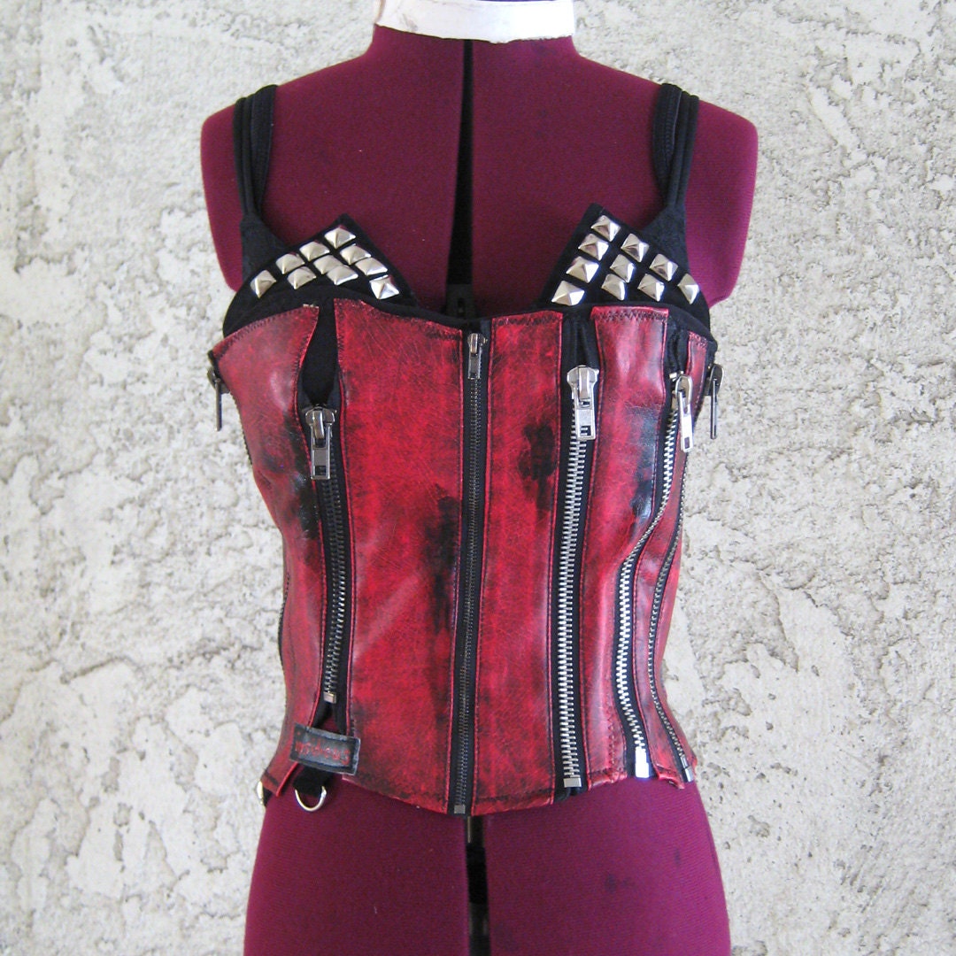 Distressed Vinyl Zippers Strapless Top with Pyramid Studs