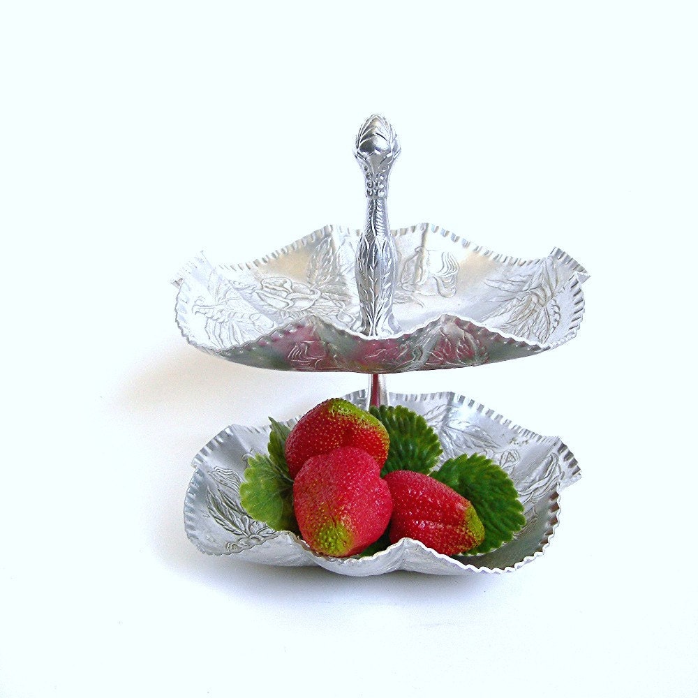 Vintage Tiered Aluminum Tray - Hammered Aluminum Tidbit Dish Roses Design circa 1940 1950s Two Tiers Serving Buffets Kitchenware