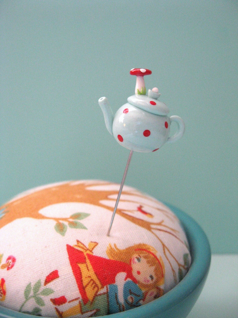 Aqua Mushroom Teapot Red Polka Dots Pin Topper